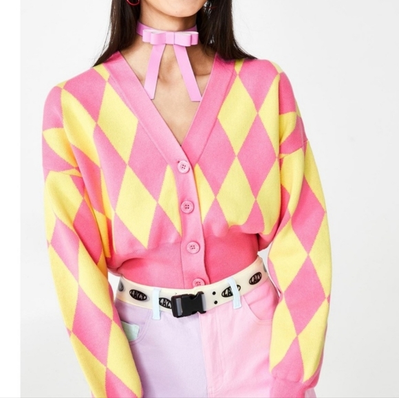 Lazy Oaf Pink And Yellow Harlequin Cardigan - Picture 1 of 5